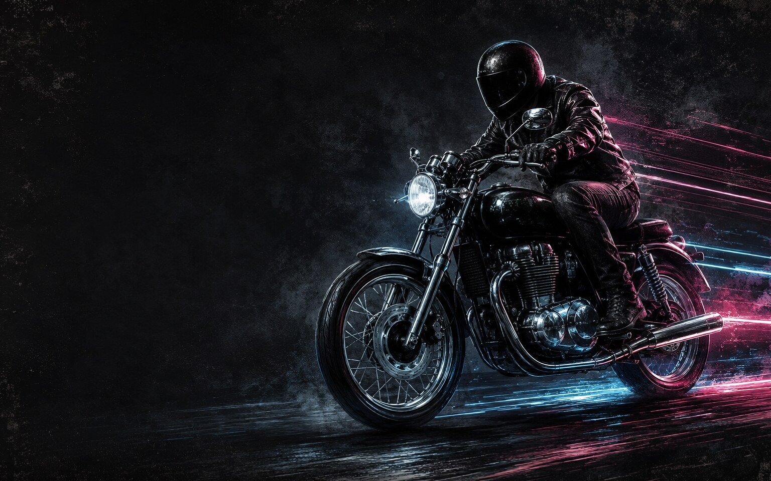 Biker riding a classic motorcycle at night