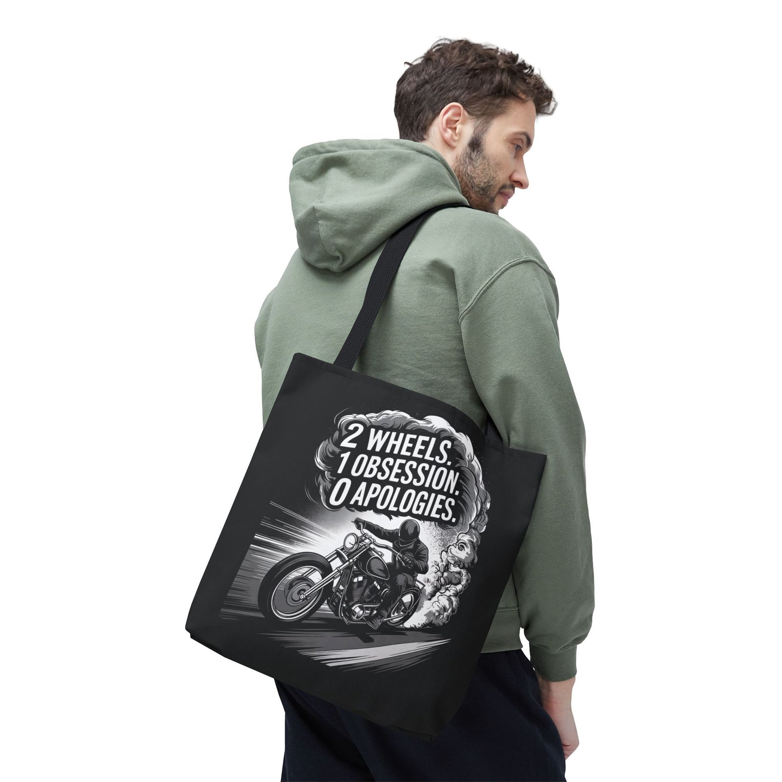 Tote Bag - 2 Wheels - 1 Obsession - 0 Apologies - Motorcycle Rider - Grayscale - Image 5