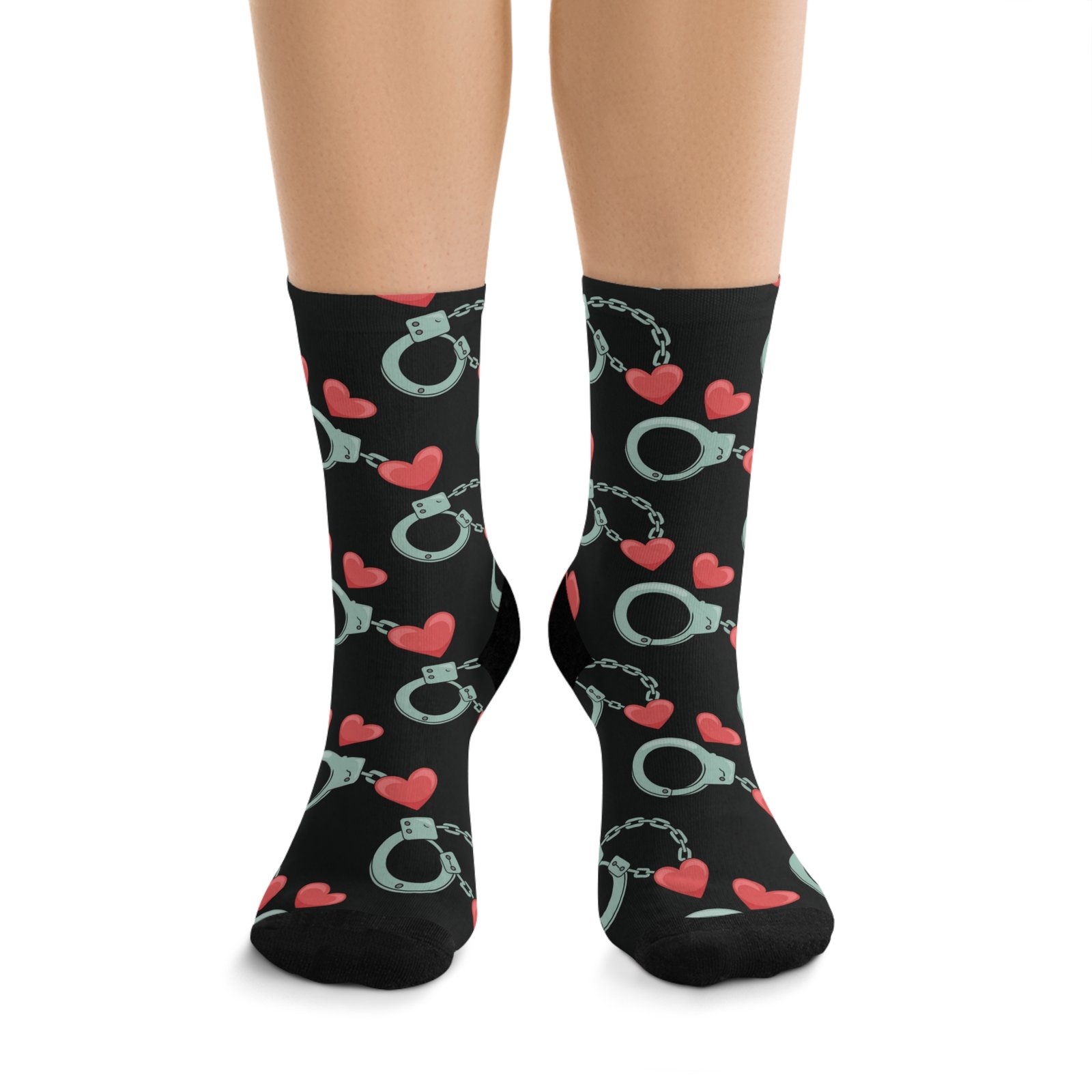 Handcuffs and Hearts Pattern - Recycled Poly Socks - Fun & Eco-Friendly Gift for Party Lovers