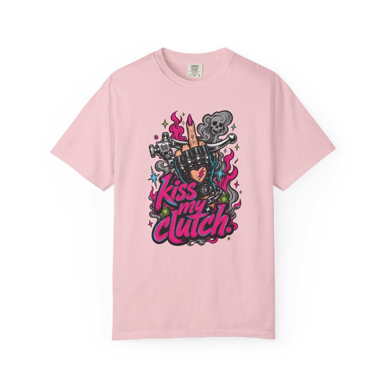 Grungy Biker T-Shirt - "Kiss My Clutch" Neon - Middle Finger - Moto Tee - Image 12