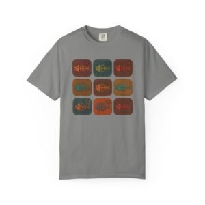 Unisex Garment-Dyed T-shirt - Comfort Colors 1717 - 9 Sardine Skeleton Cans in a Grid - Leather and Stitch Patch Look
