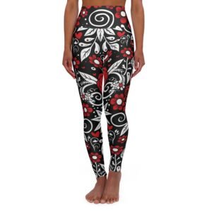 Sugar Skull - Roses Pattern - Red and White on Black - High Waisted Yoga Leggings - Pants