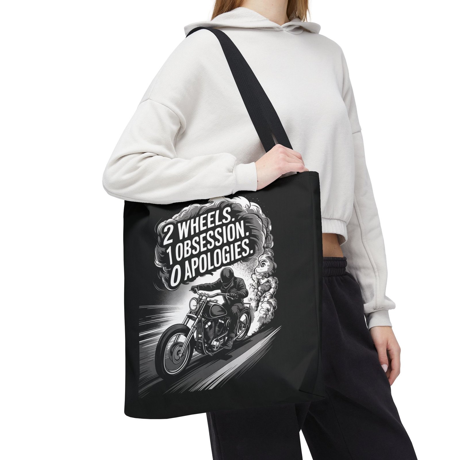 Tote Bag - 2 Wheels - 1 Obsession - 0 Apologies - Motorcycle Rider - Grayscale - Image 8