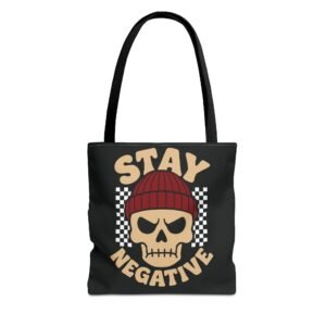 Biker Tote Bag - Stay Negative - Skull Wearing Beanie - Checkerboard