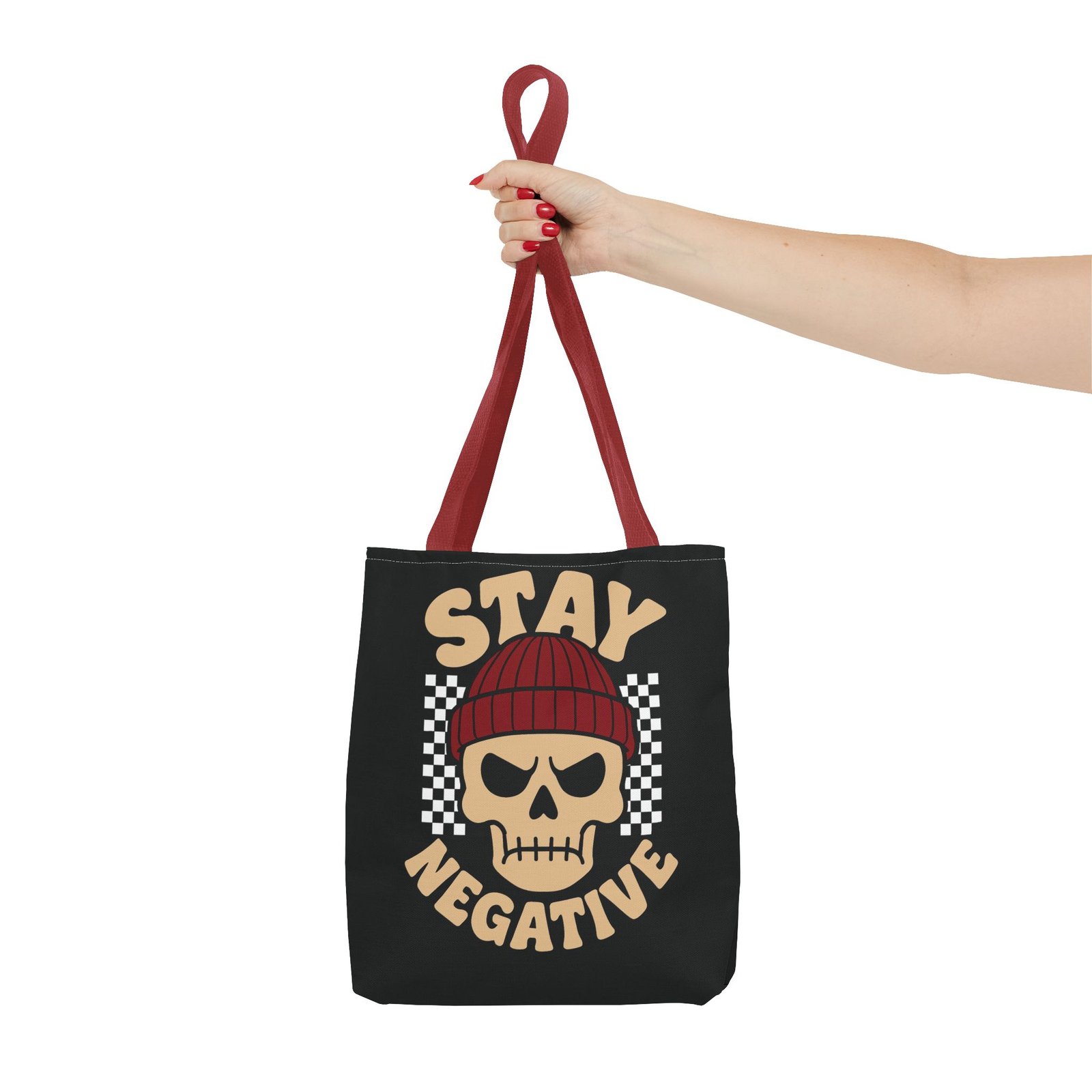 Biker Tote Bag - Stay Negative - Skull Wearing Beanie - Checkerboard - Image 8
