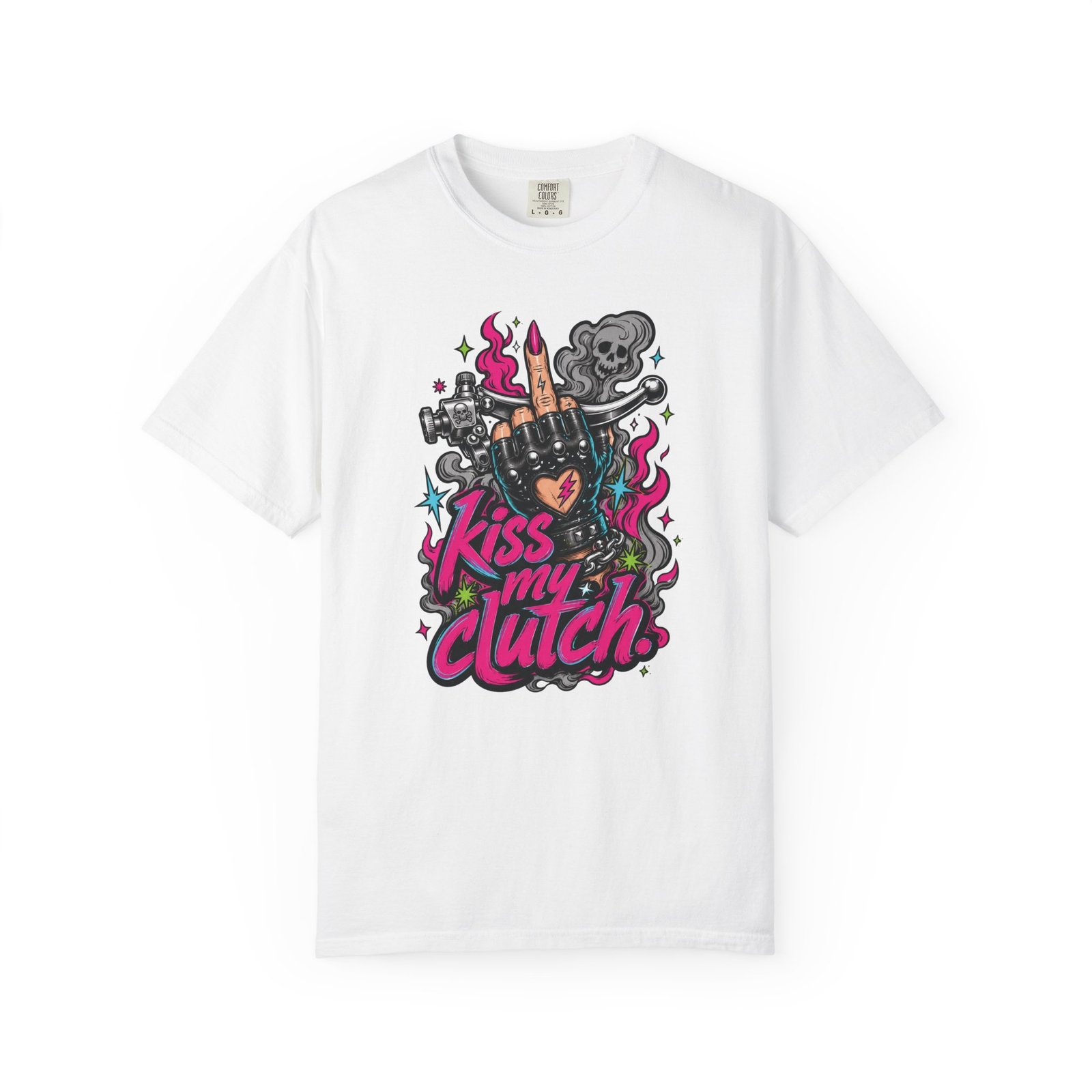 Grungy Biker T-Shirt - "Kiss My Clutch" Neon - Middle Finger - Moto Tee - Image 15