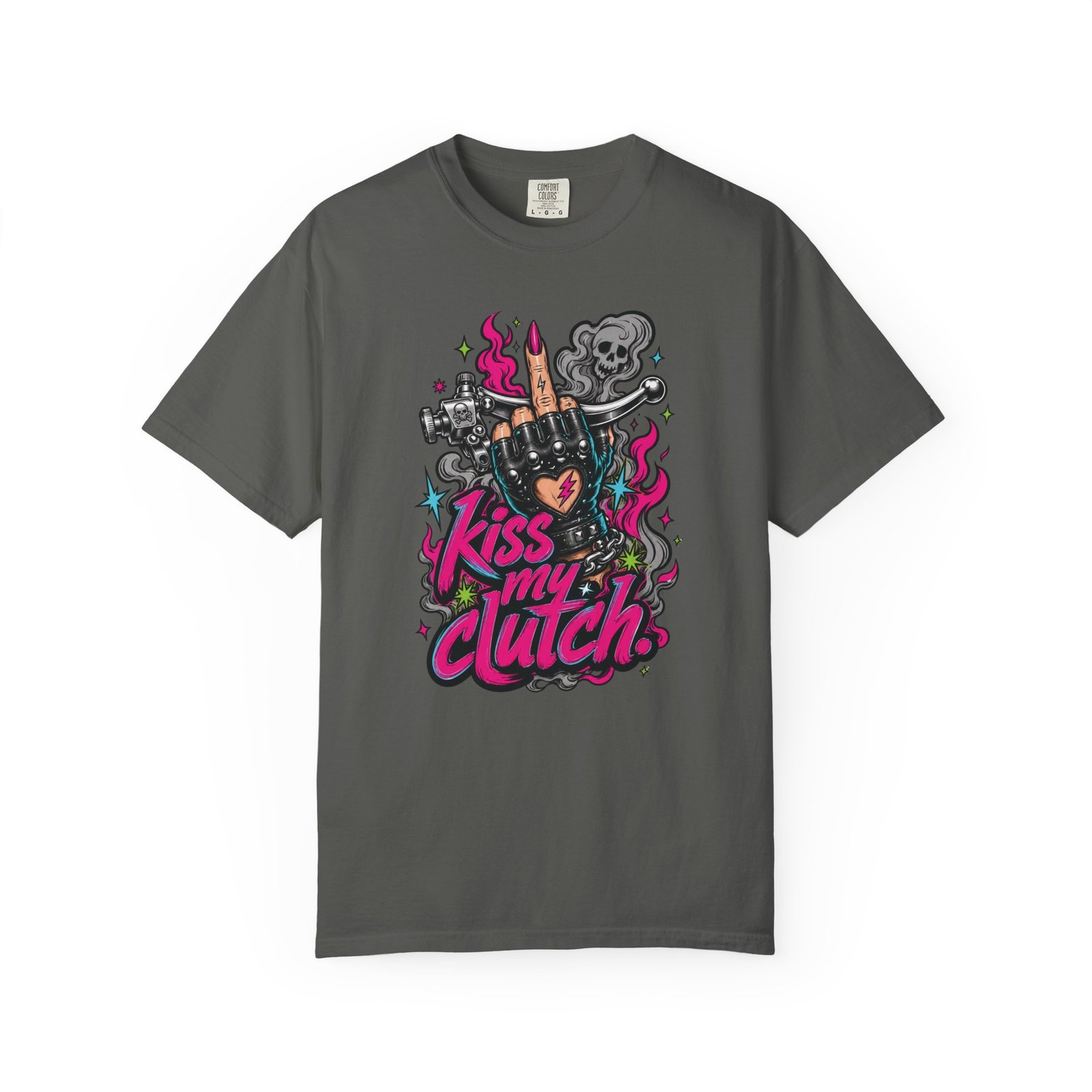 Grungy Biker T-Shirt - "Kiss My Clutch" Neon - Middle Finger - Moto Tee - Image 14
