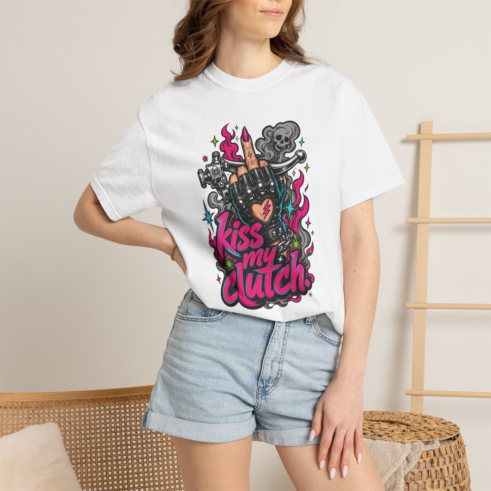Grungy Biker T-Shirt - "Kiss My Clutch" Neon - Middle Finger - Moto Tee - Image 3