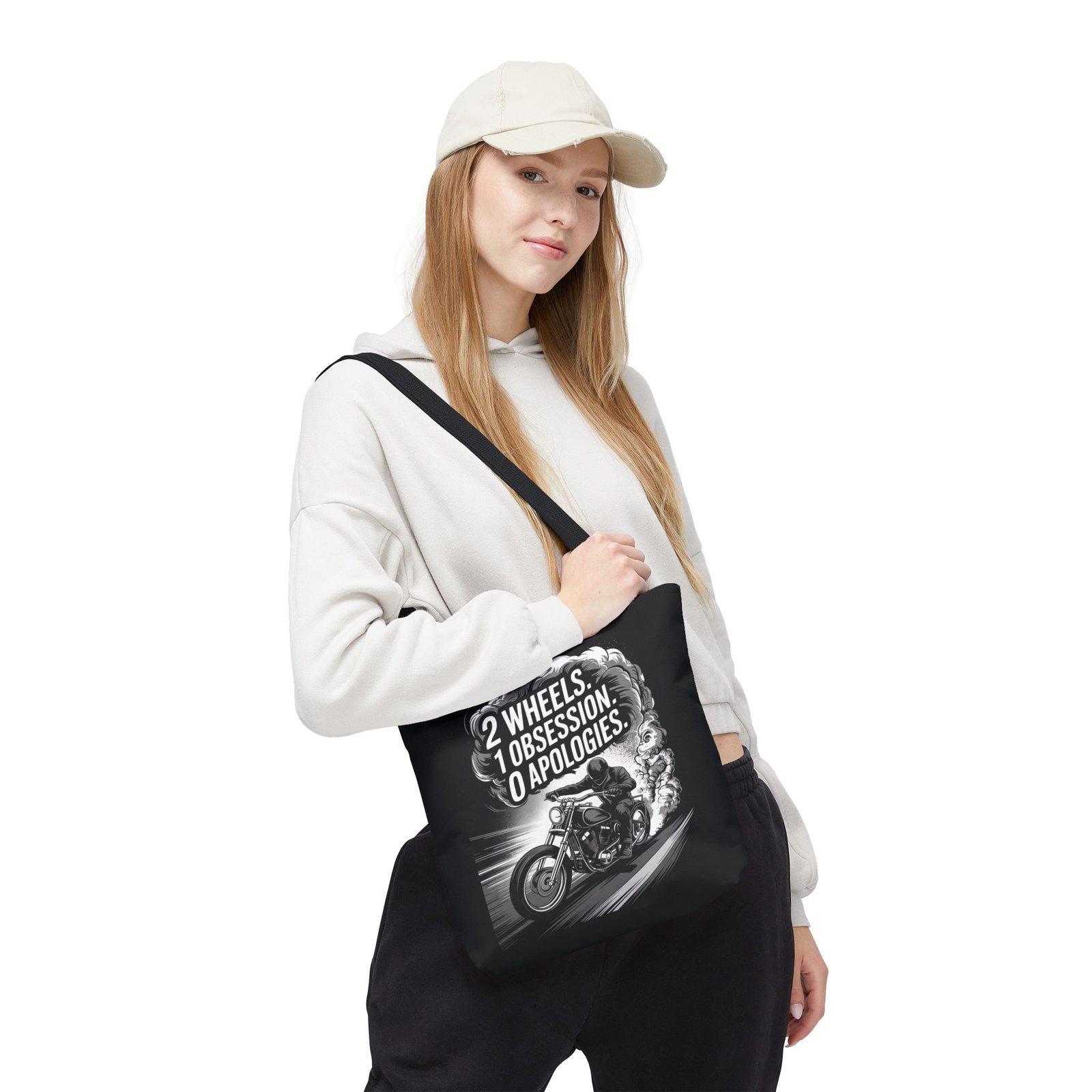 Tote Bag - 2 Wheels - 1 Obsession - 0 Apologies - Motorcycle Rider - Grayscale - Image 2
