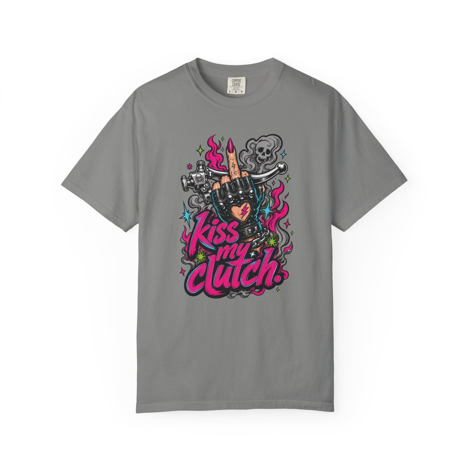 Grungy Biker T-Shirt - "Kiss My Clutch" Neon - Middle Finger - Moto Tee - Image 13