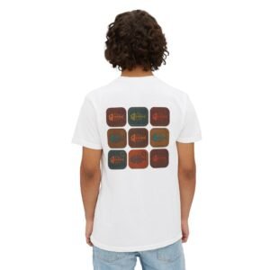 Unisex Garment-Dyed Pocket T-Shirt for Outdoor Lovers - Comfort Colors 6030 - 9 Sardine Skeleton Cans in a Grid - Leather and Stitch Patch Look