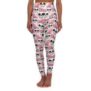 Yoga Leggings - Pink Skulls with Coquette Bows Pattern