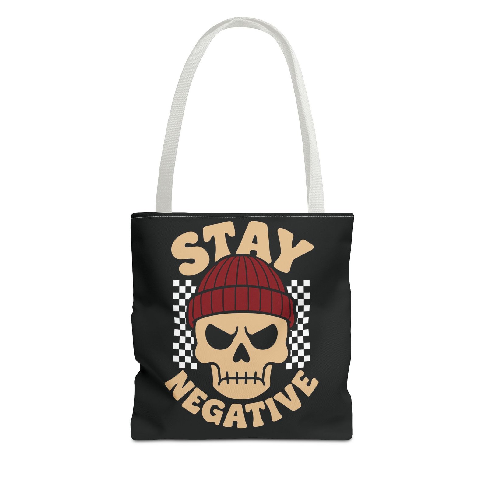 Biker Tote Bag - Stay Negative - Skull Wearing Beanie - Checkerboard - Image 13
