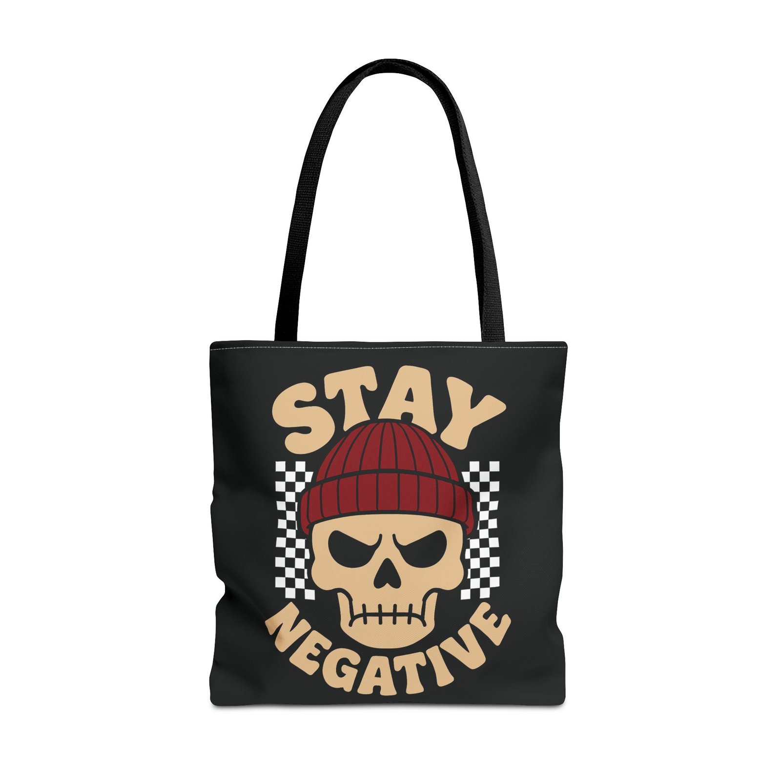 Biker Tote Bag - Stay Negative - Skull Wearing Beanie - Checkerboard - Image 5