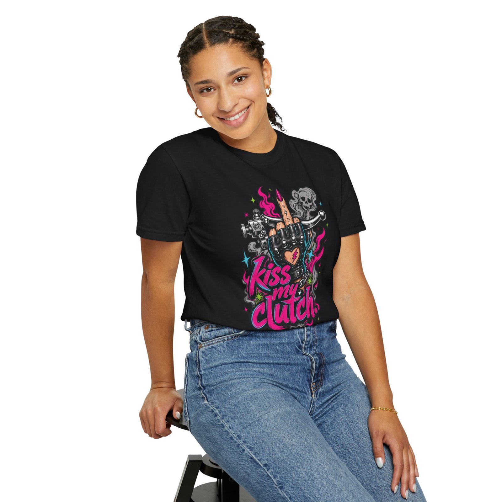Grungy Biker T-Shirt - "Kiss My Clutch" Neon - Middle Finger - Moto Tee - Image 2