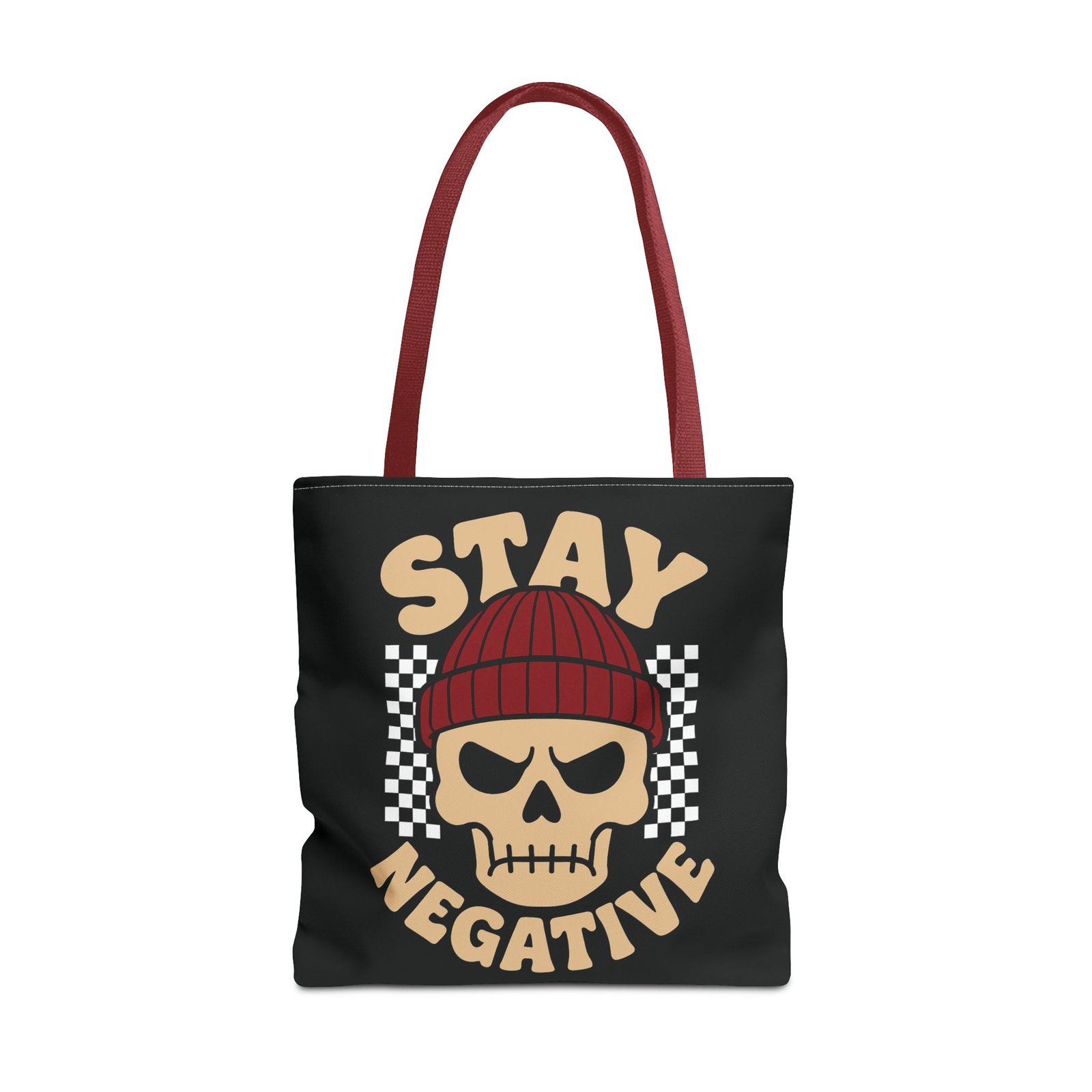 Biker Tote Bag - Stay Negative - Skull Wearing Beanie - Checkerboard - Image 11