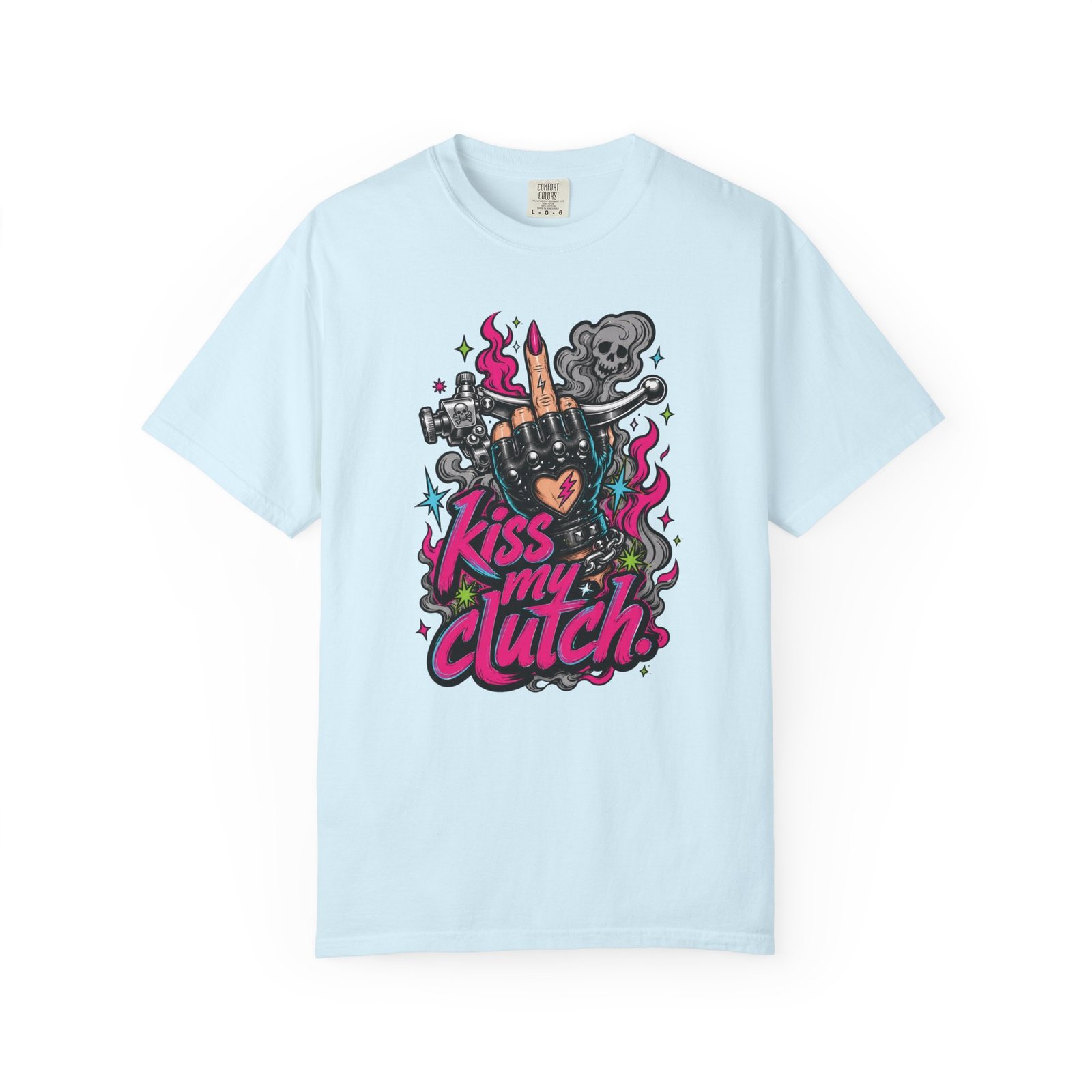Grungy Biker T-Shirt - "Kiss My Clutch" Neon - Middle Finger - Moto Tee - Image 17