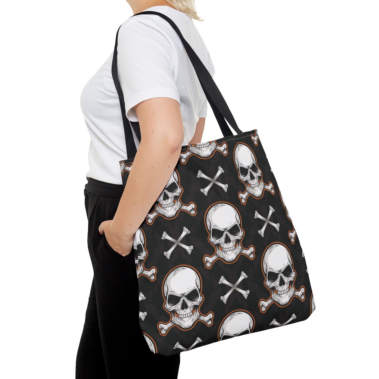 Tote Bag - Biker Life - Skull and Crossbones Pattern - White Orange Black - Image 6