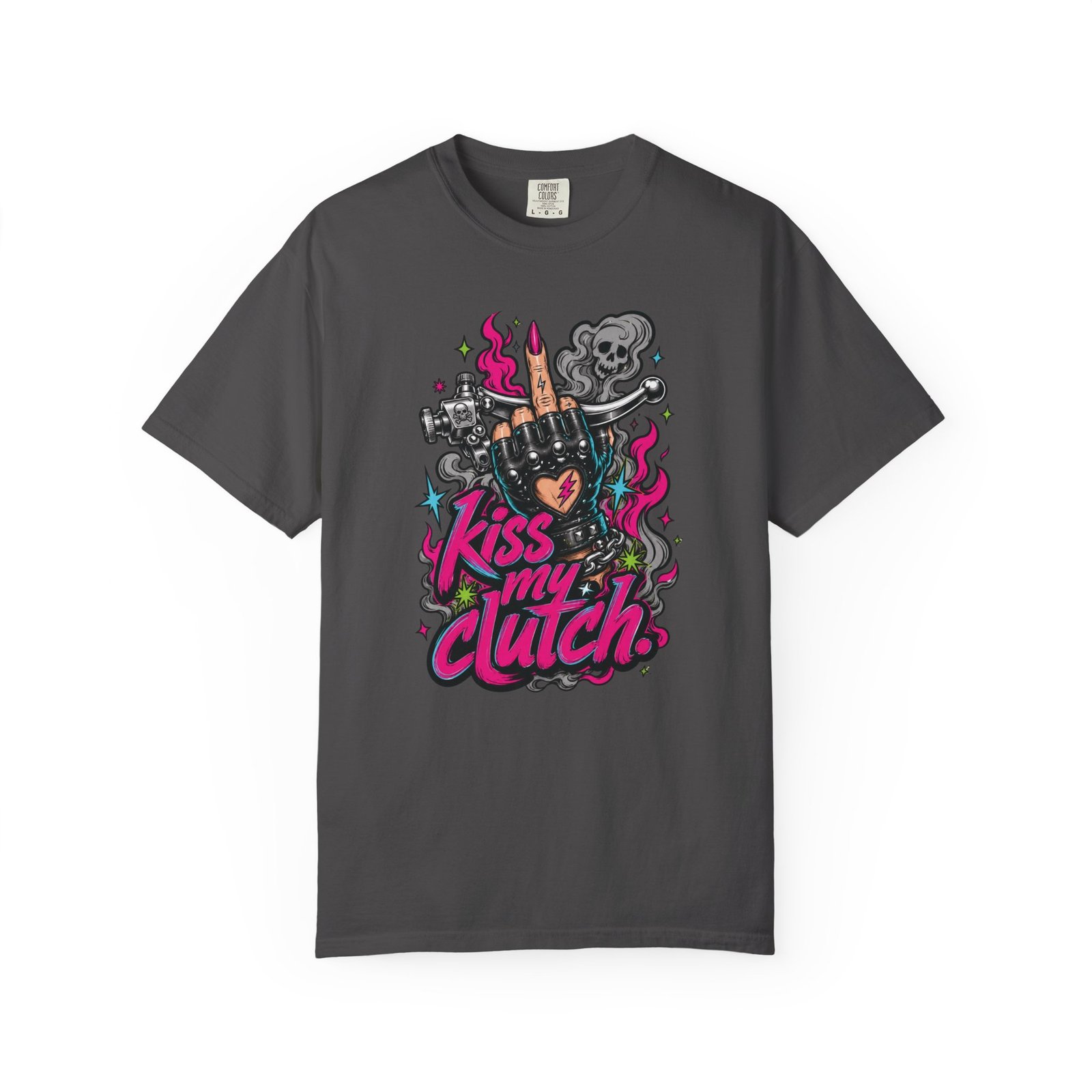 Grungy Biker T-Shirt - "Kiss My Clutch" Neon - Middle Finger - Moto Tee - Image 16