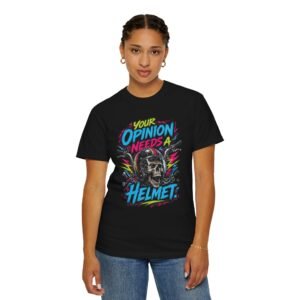 Laughing Skull Biker T-Shirt - "Your Opinion Needs a Helmet" Neon Design