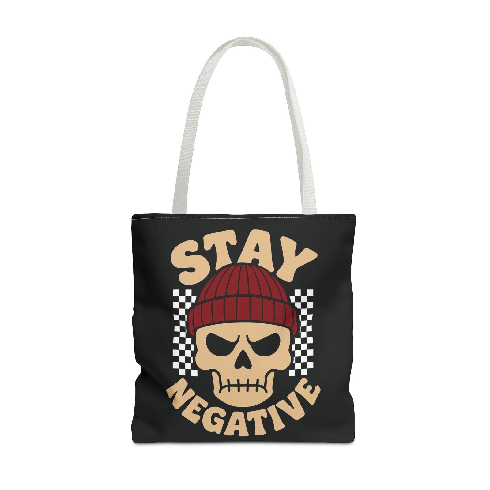 Biker Tote Bag - Stay Negative - Skull Wearing Beanie - Checkerboard - Image 17