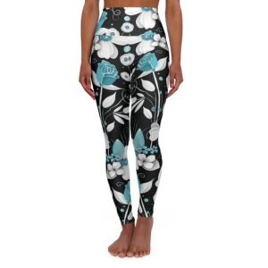 Sugar Skull - Roses Pattern - Aqua and White on Black - High Waisted Yoga Leggings - Pants