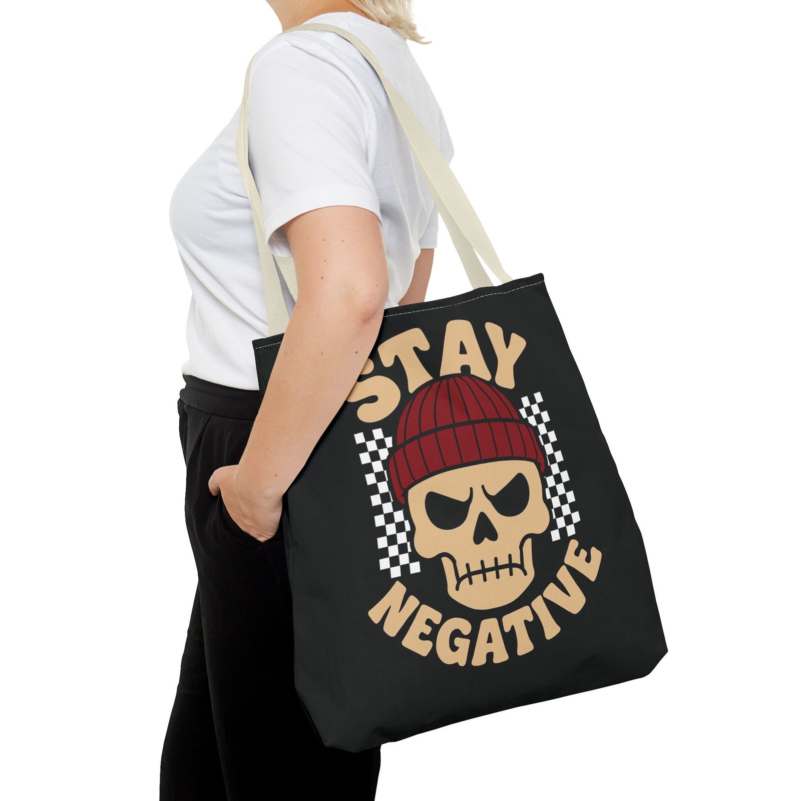 Biker Tote Bag - Stay Negative - Skull Wearing Beanie - Checkerboard - Image 24