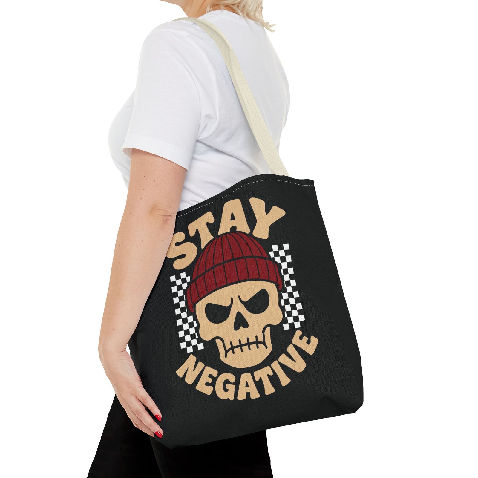 Biker Tote Bag - Stay Negative - Skull Wearing Beanie - Checkerboard - Image 22