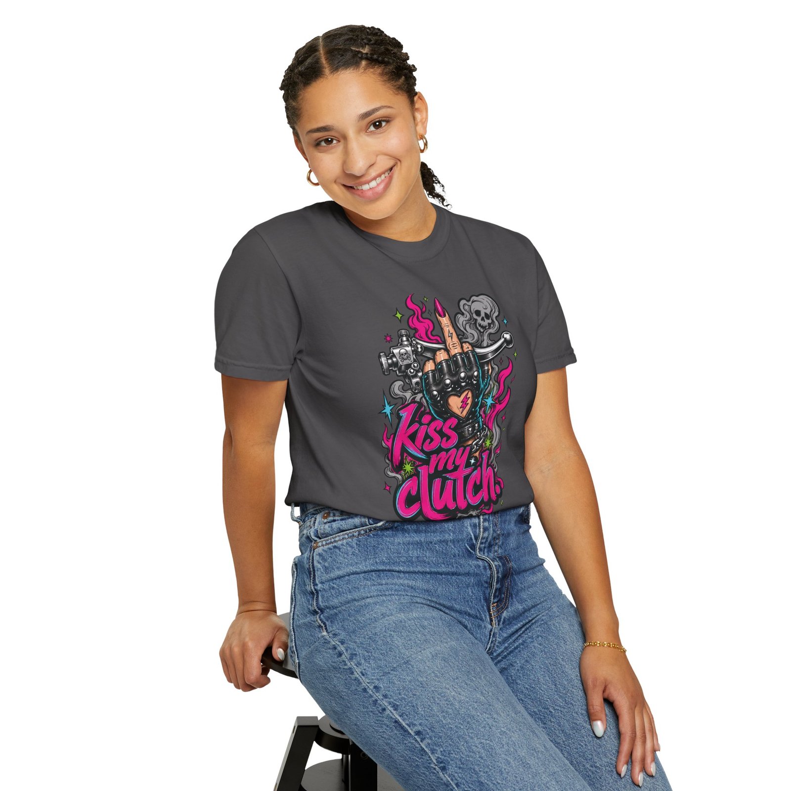 Grungy Biker T-Shirt - "Kiss My Clutch" Neon - Middle Finger - Moto Tee - Image 4