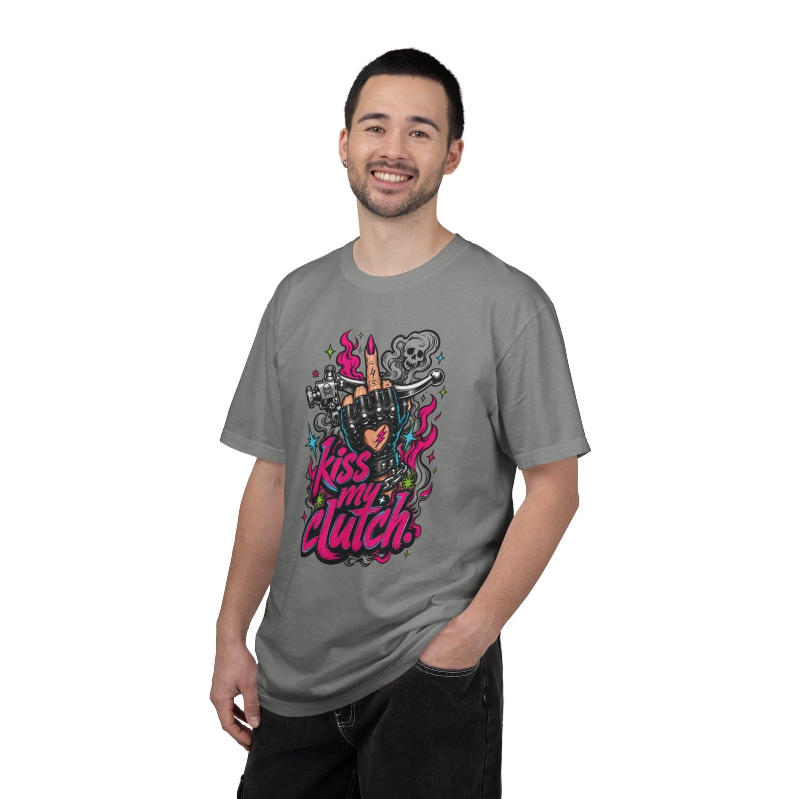 Grungy Biker T-Shirt - "Kiss My Clutch" Neon - Middle Finger - Moto Tee - Image 8