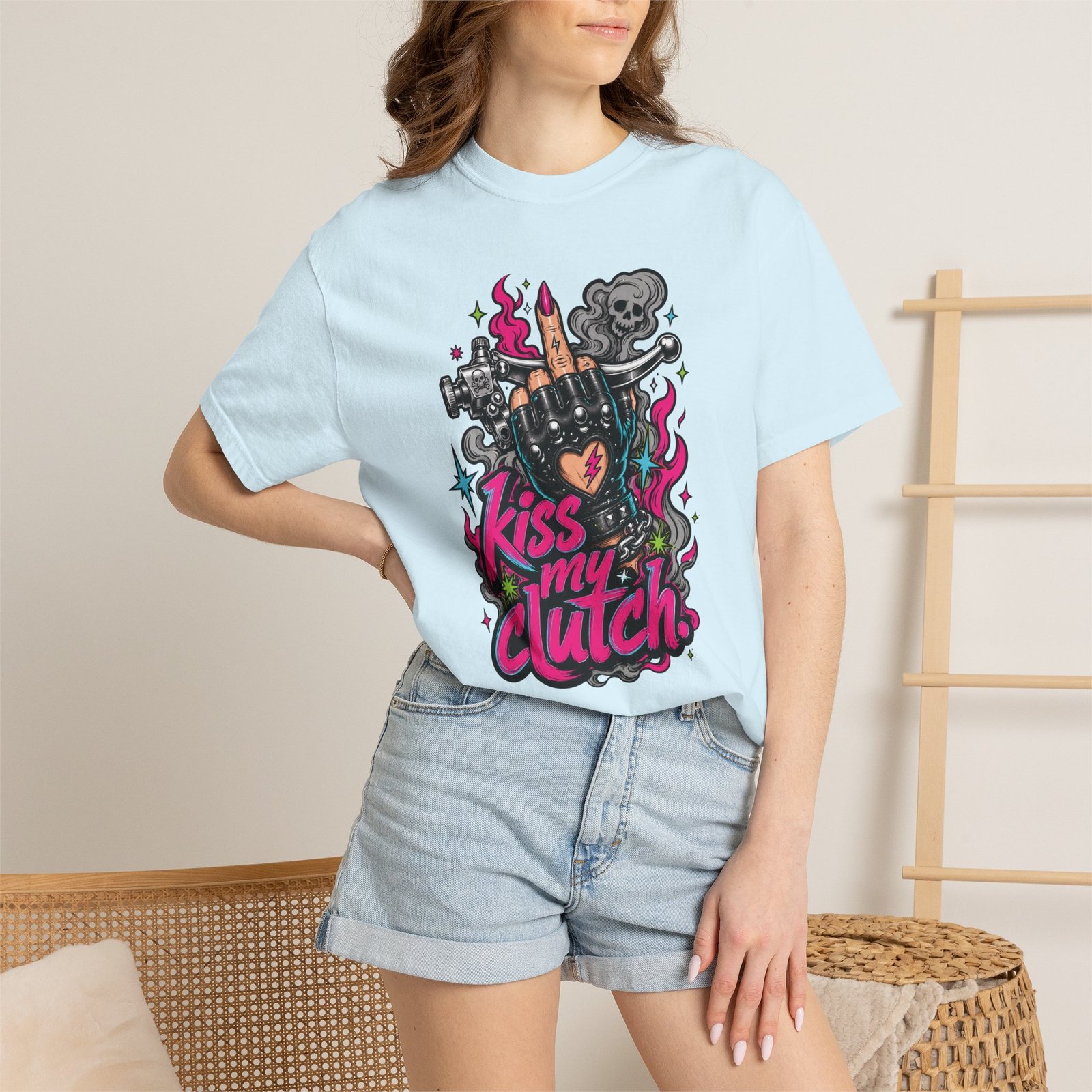 Grungy Biker T-Shirt - "Kiss My Clutch" Neon - Middle Finger - Moto Tee - Image 6