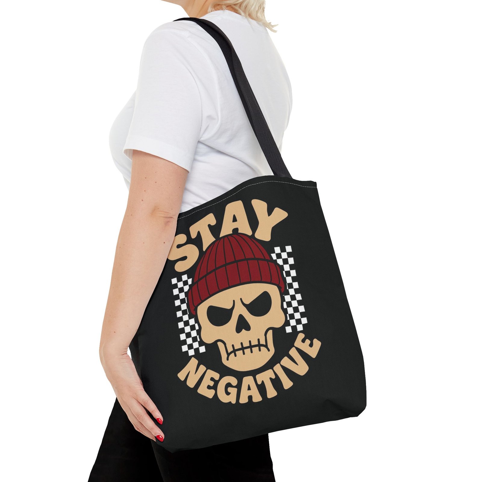 Biker Tote Bag - Stay Negative - Skull Wearing Beanie - Checkerboard - Image 4