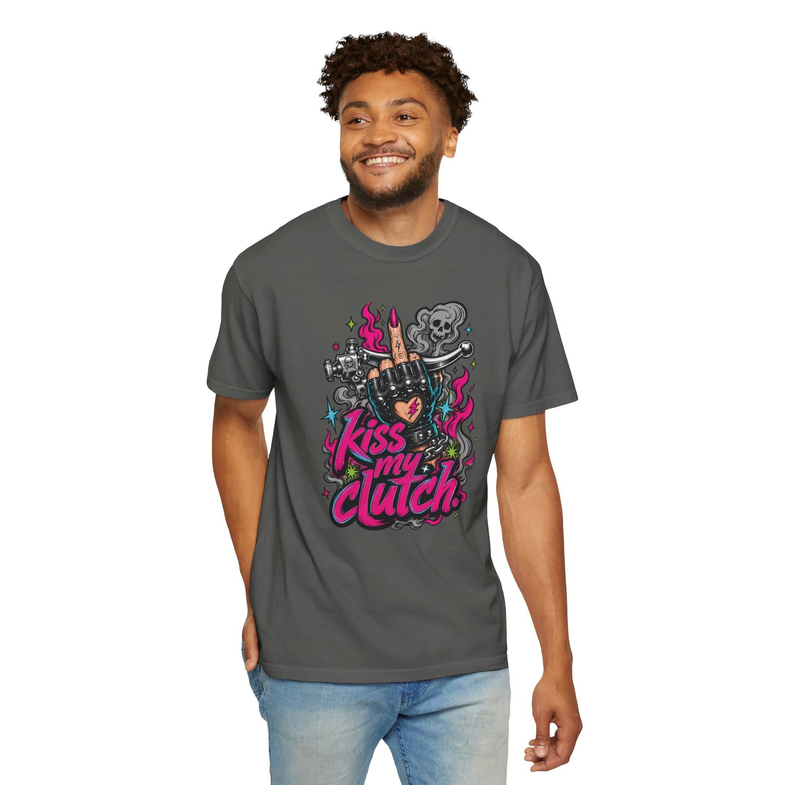 Grungy Biker T-Shirt - "Kiss My Clutch" Neon - Middle Finger - Moto Tee - Image 5