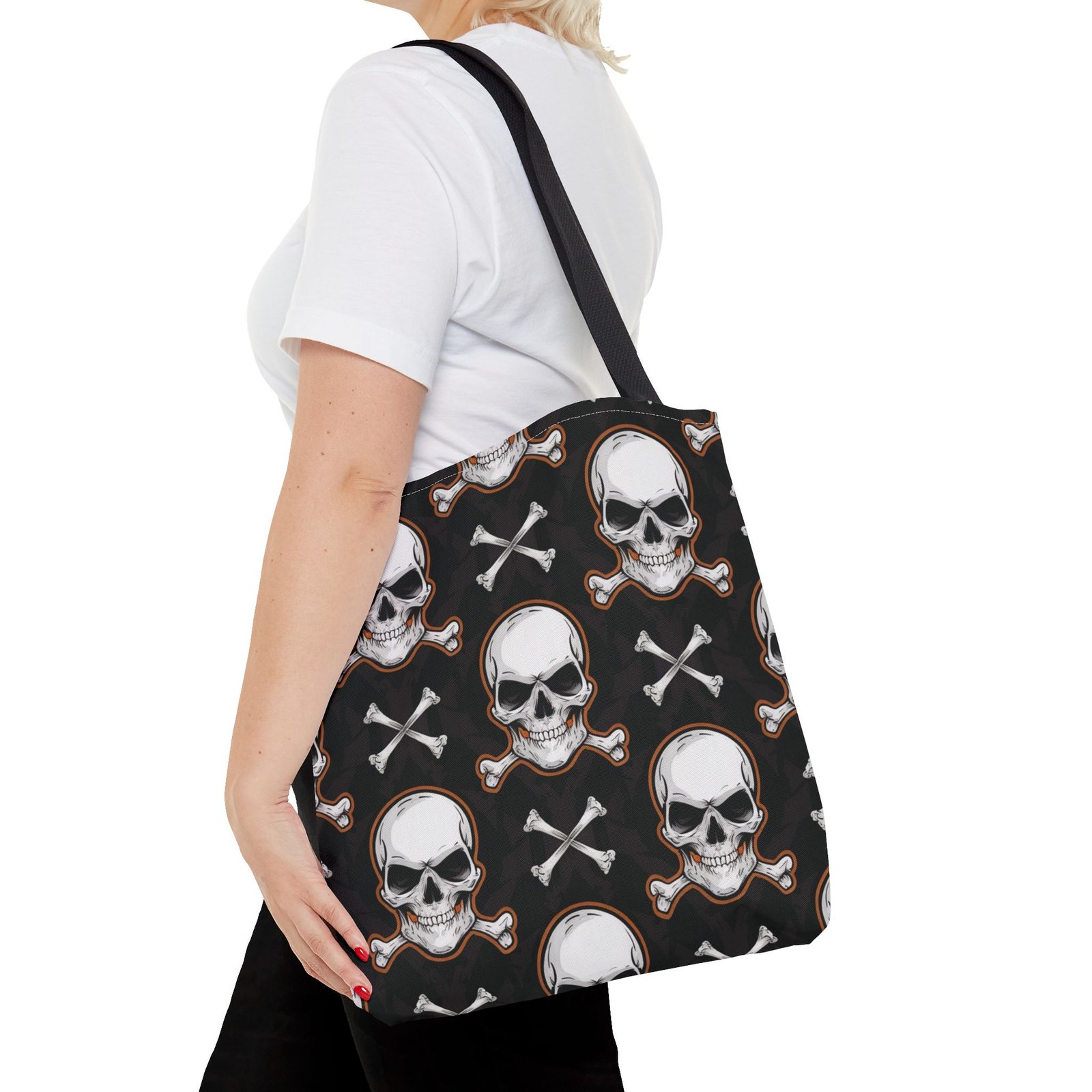 Tote Bag - Biker Life - Skull and Crossbones Pattern - White Orange Black - Image 4