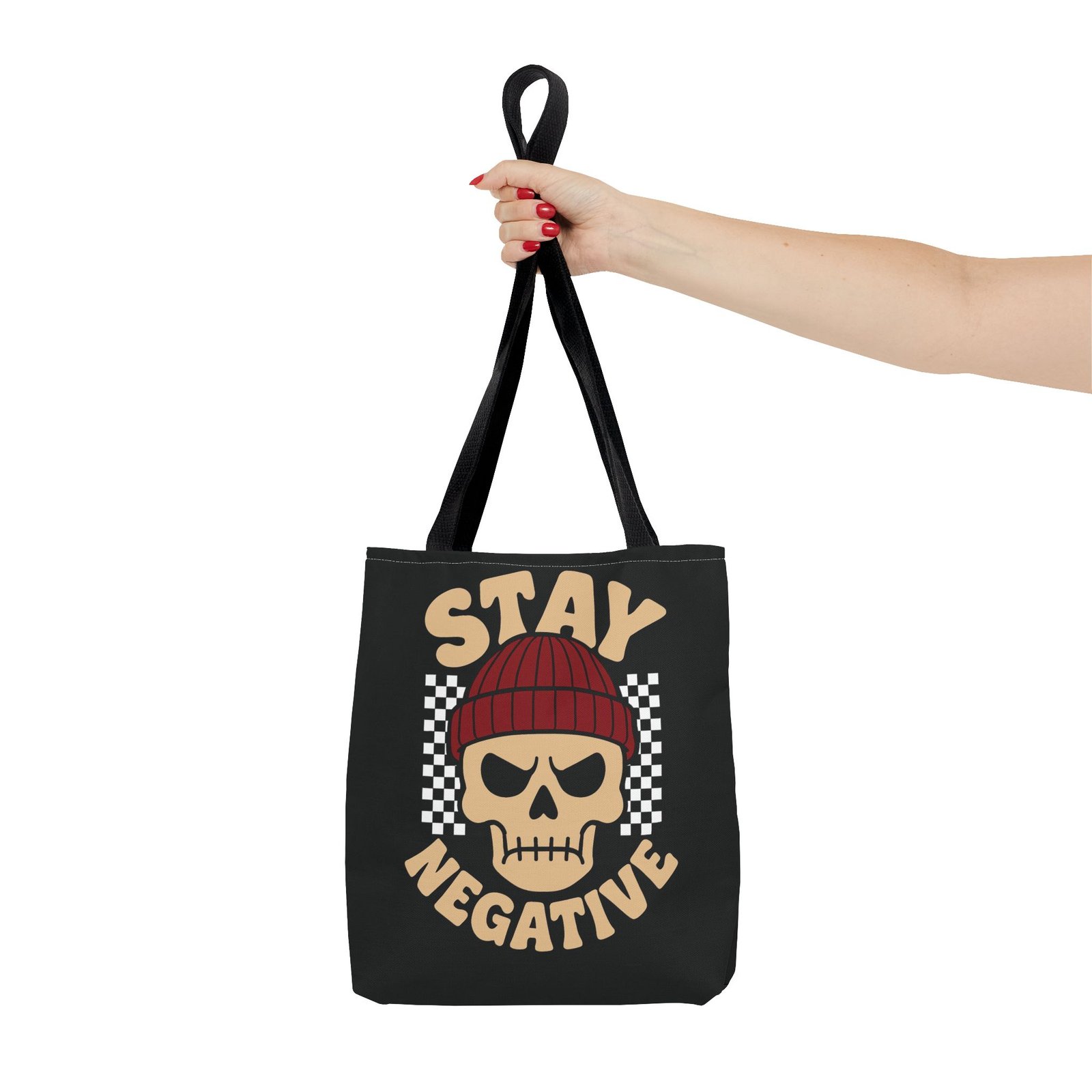Biker Tote Bag - Stay Negative - Skull Wearing Beanie - Checkerboard - Image 2