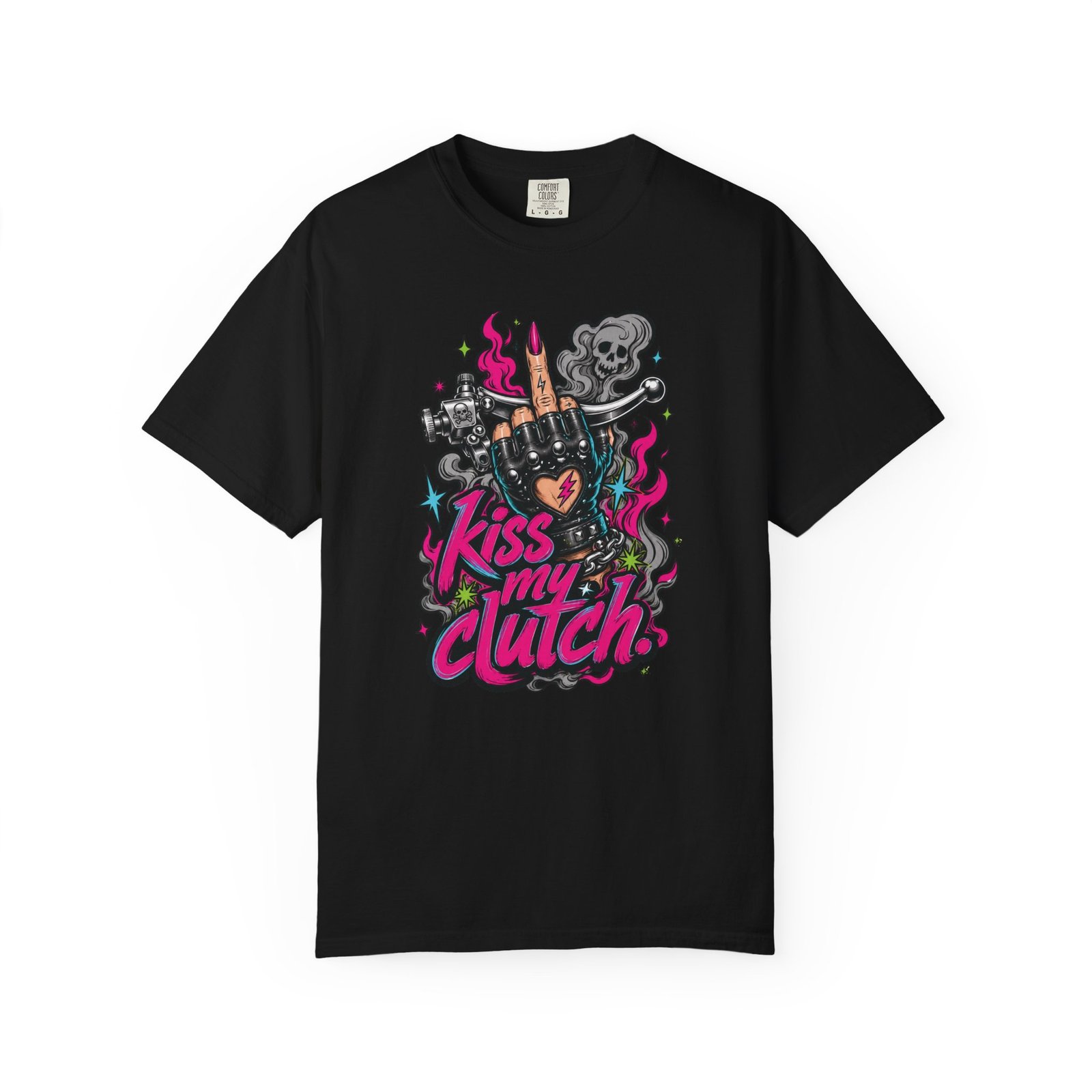 Grungy Biker T-Shirt - "Kiss My Clutch" Neon - Middle Finger - Moto Tee - Image 11