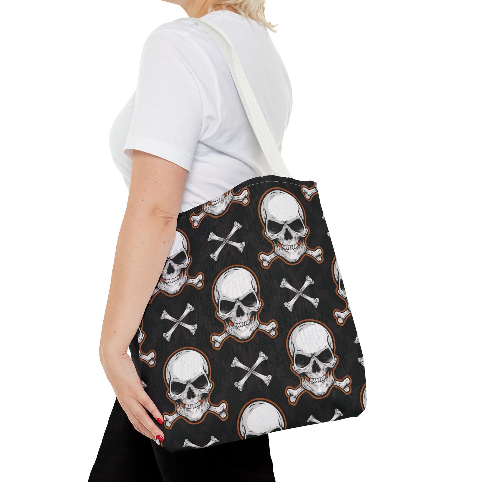 Tote Bag - Biker Life - Skull and Crossbones Pattern - White Orange Black - Image 10