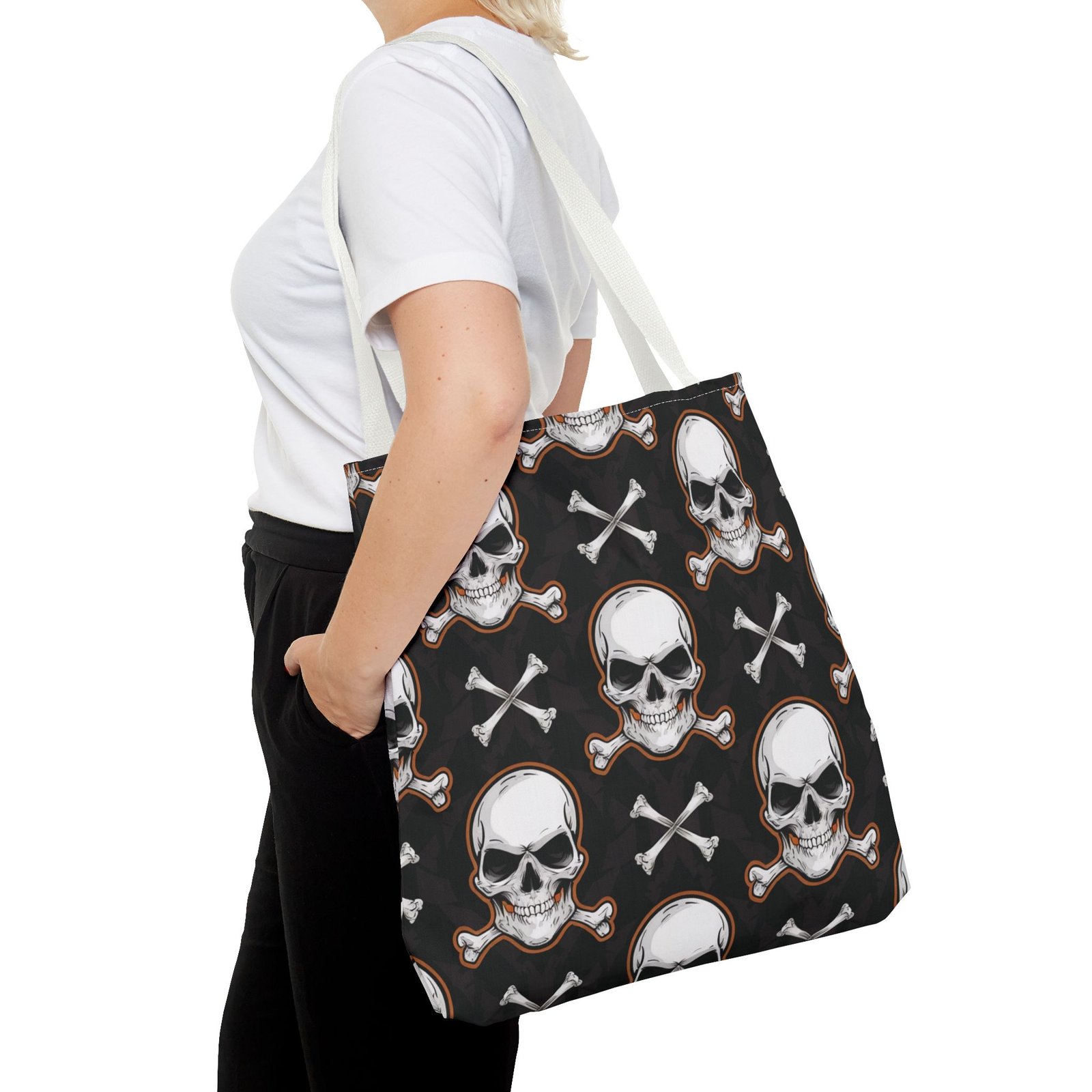 Tote Bag - Biker Life - Skull and Crossbones Pattern - White Orange Black - Image 12