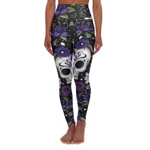 Sugar Skull - Roses Pattern - Purple and White on Black - High Waisted Yoga Leggings - Pants