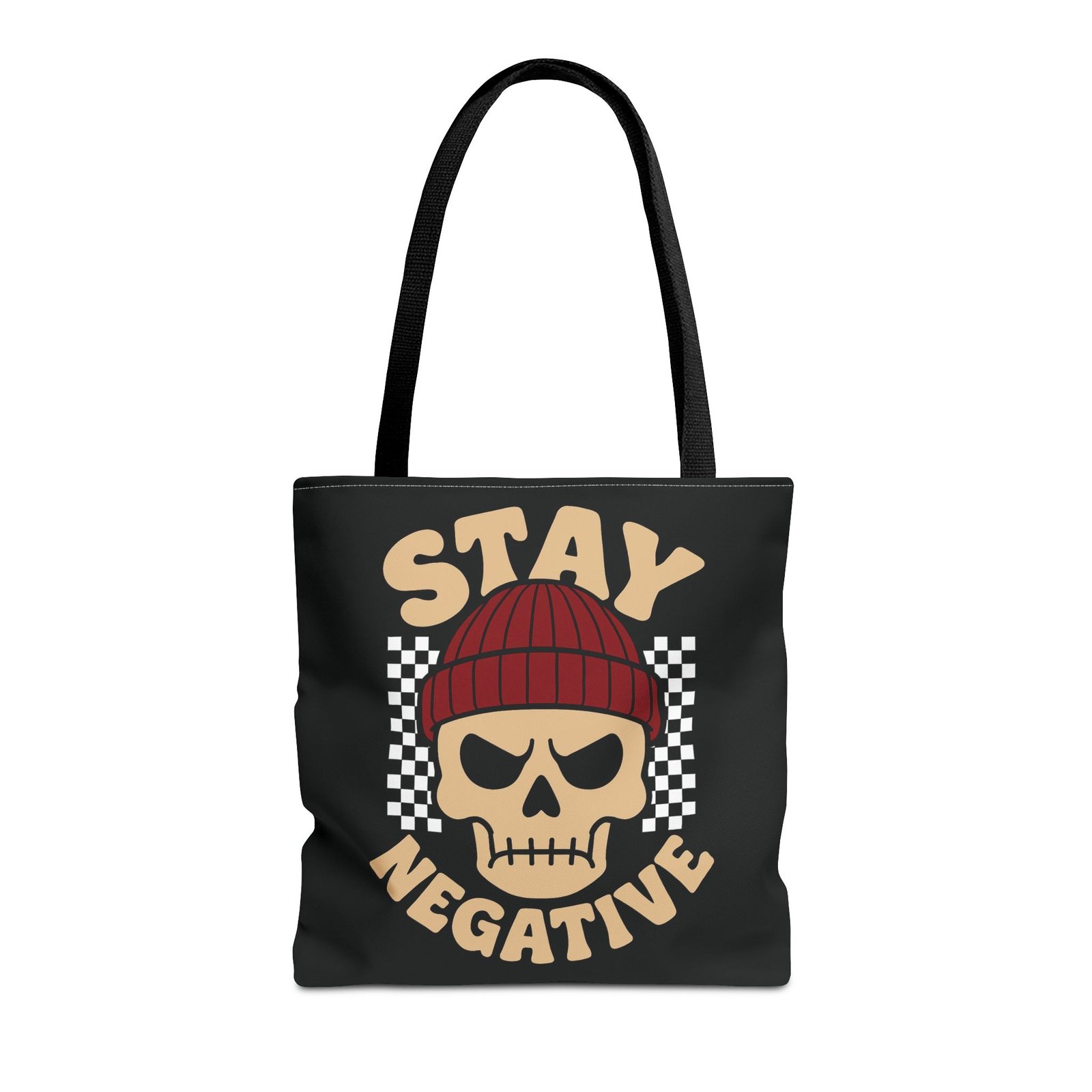 Biker Tote Bag - Stay Negative - Skull Wearing Beanie - Checkerboard - Image 3
