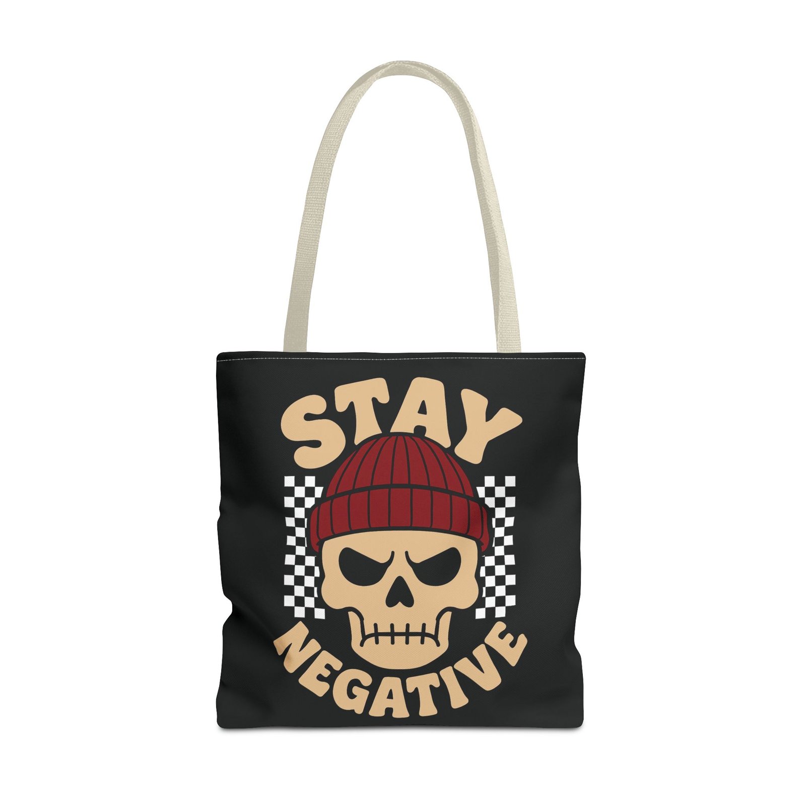 Biker Tote Bag - Stay Negative - Skull Wearing Beanie - Checkerboard - Image 23